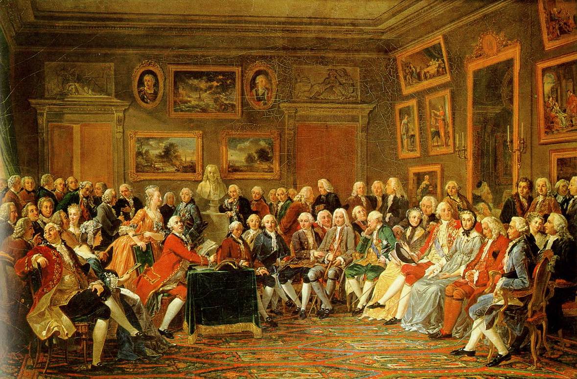 Leitura da tragédia de Voltaire, O Órfão da China , no salão de Marie Thérèse Rodet Geoffrin em 1755, por Anicet Charles Gabriel Lemonnier, c. 1812
